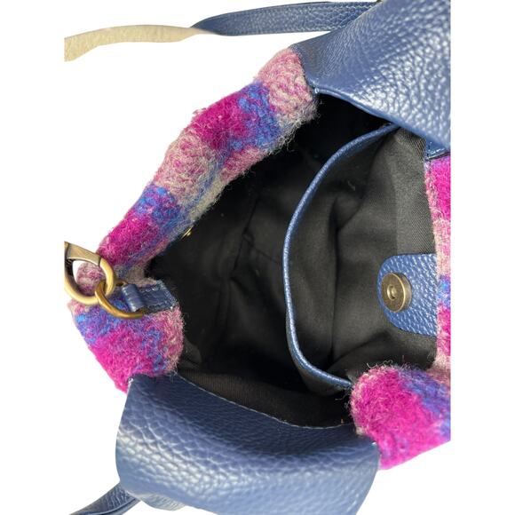 Sundance Soire Knotted Bag Blue Leather Wool Magenta Plaid Crossbody - Picture 16 of 16